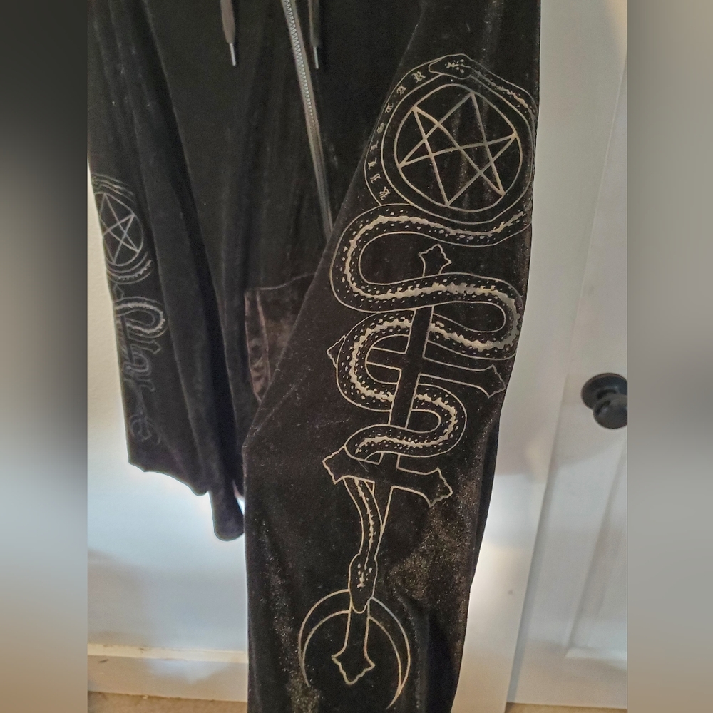 Killstar cloak gothic black velour hooded cloak with zipper, snake sword design